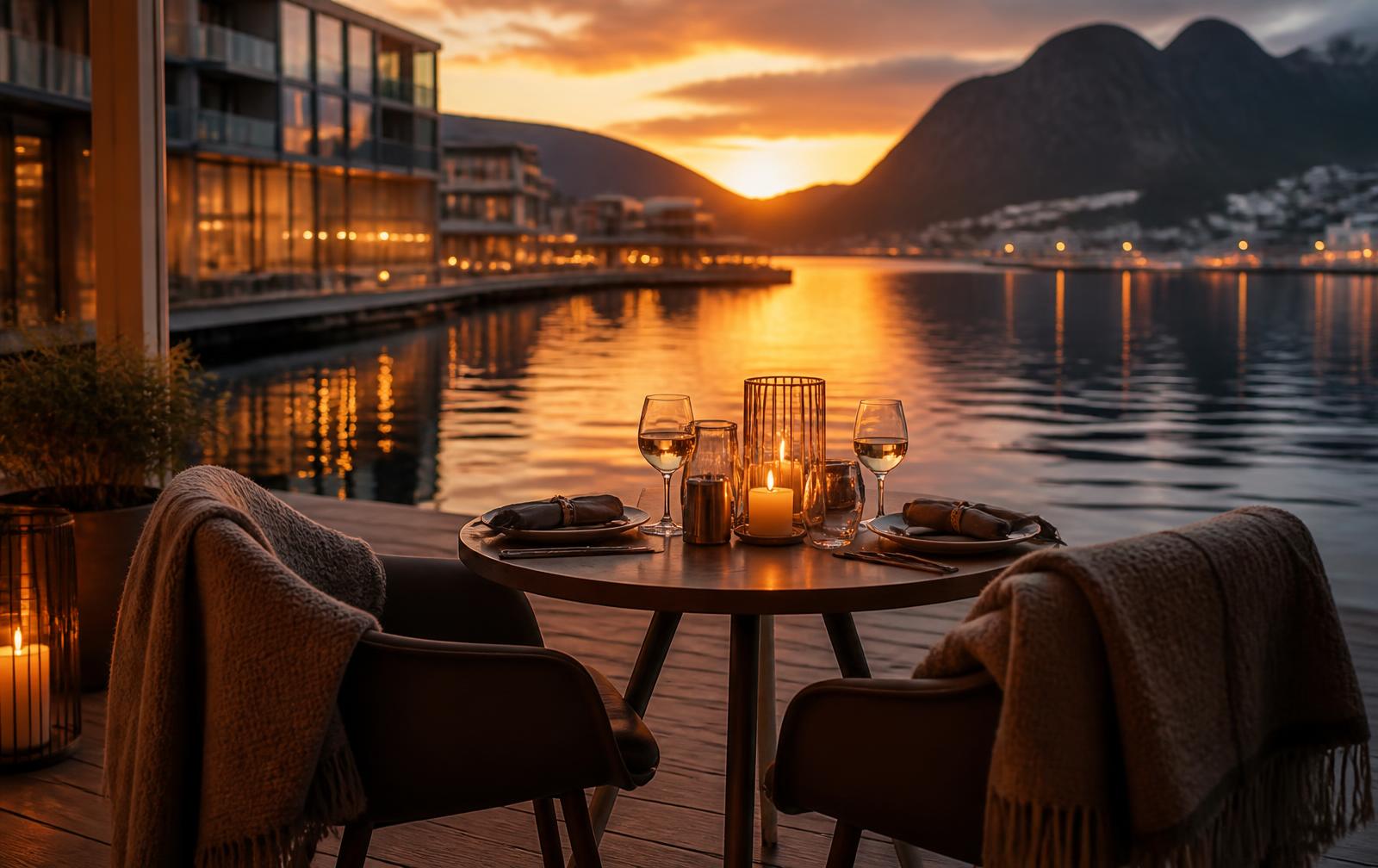 Romantic Oslo Weekend — Candlelit waterfront table for two at golden hour