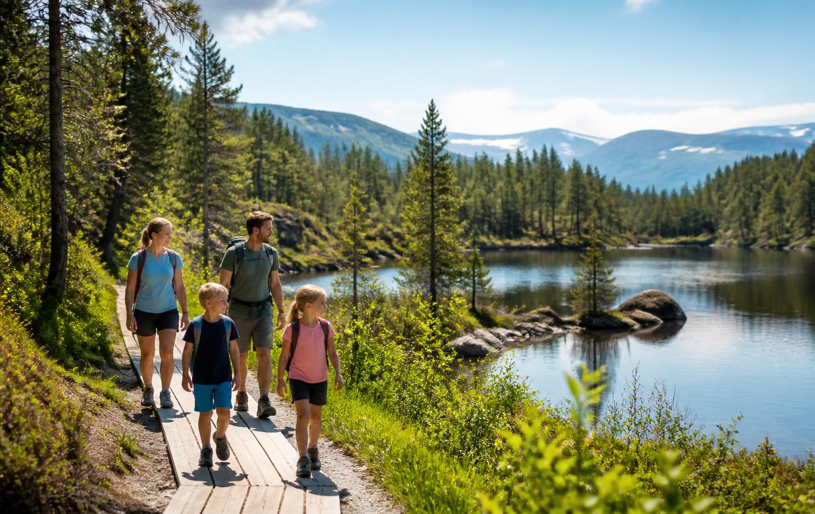 Family Norway Starter Trip — Family walking a boardwalk trail beside a Norwegian forest lake